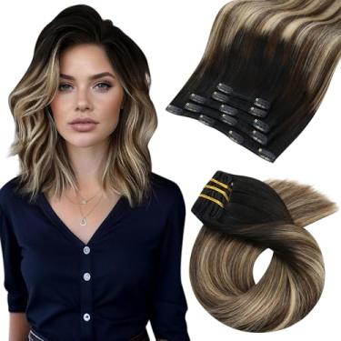 Imagem de Moresoo Clip In Hair Extensions Balayage Remy Ombre Humano Real Preto A Castanho Com Loiro Caramelo 14 Polegadas 5 Peças 80G