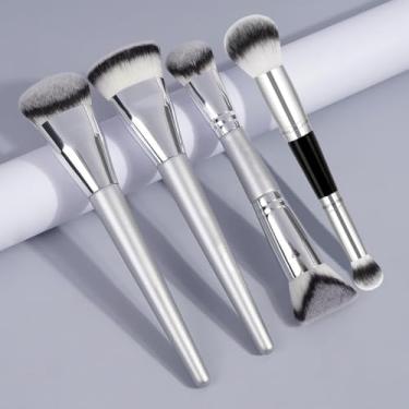 Imagem de 4 pincéis de maquiagem, incluindo corretivo de base, blush em pó e sombra, macios e sem costura, não irritantes (prata)
