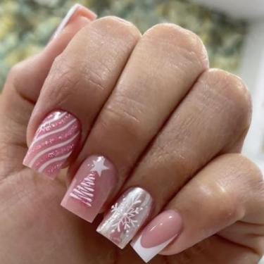 Imagem de 24 peças de unhas quadradas de Natal, médio, unhas postiças com glitter rosa francês com design listrado de floco de neve de árvore de Natal, cobertura completa de acrílico, unhas postiças de gel