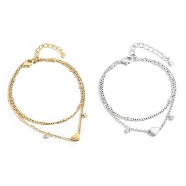 Imagem de Tornozeleira de coração dourado com detalhes de cristal – Design delicado em camadas, One Size, Metal, Sem Pedra Preciosa