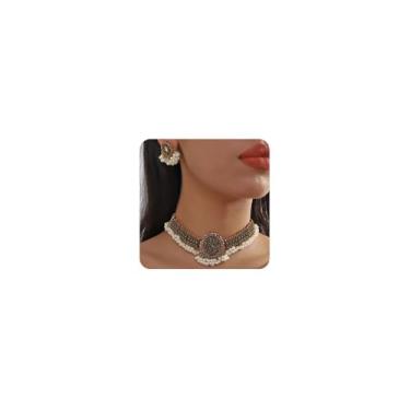Imagem de Octwine Conjunto de brincos vintage indianos de strass estilo gargantilha retrô com borla de pérola, conjunto de brincos para mulheres, Medium, Metal, Sem Pedra Preciosa