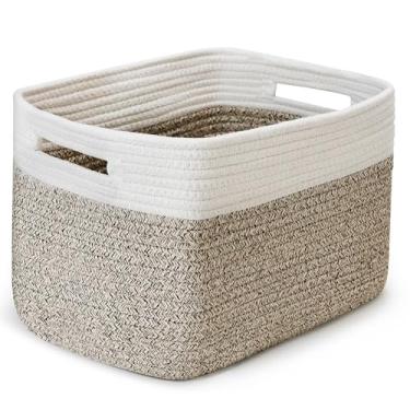 Imagem de Cesta de armazenamento de tecido, cestas de corda de armário para organização, caixas quadradas de 38 x 25 x 23 cm com alças, branco + marrom arroz, 1 pacote