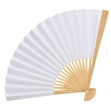 Imagem de Ventilador dobrável de madeira de papel DIY branco, ventiladores de desenho de pintura de caligrafia vintage chinesa dobrável para decoração de igreja EDM festival de música performance festa de dança