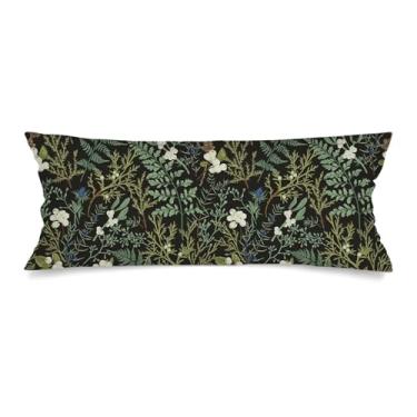 Imagem de Capas de almofada lombar de planta verde 35,5 x 91,6 cm, folha botânica, capa de travesseiro de corpo longo para cama, preto e verde com fecho de envelope, capa de almofada decorativa floral vintage