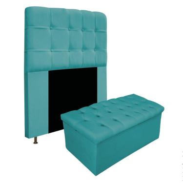 Imagem de Cabeceira e Calçadeira Baú Mel 90 Cm Solteiro Azul Turquesa