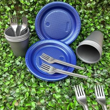 Imagem de Kit Descartável Econômico 150 Itens - Conjunto para Festas com Pratos, Copos e Garfos para Aniversário e Eventos(Azul Perolado com Prata)