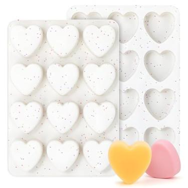 Imagem de Moldes de silicone em forma de coração para assar, formas de coração de chocolate 3D com 12 cavidades para cubos de gelo, bolo, pastelaria, panqueca, doce, sabonete, conjunto de 2, creme