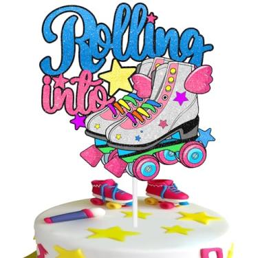 Imagem de Skate rolando para o topo de bolo feliz aniversário asa rolo skate conjunto temático aniversário decoração de bolo rolando meninos ou meninas retro colorido hip hop decorações suprimentos de festa