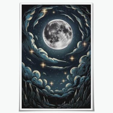 Imagem de Arte de parede vintage lua cheia estrela arte mística meia-noite pôster retrô natureza céu estrelado pintura abstrata estética parede arte de parede 30 x 45 cm sem moldura