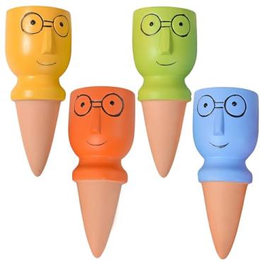 Imagem de 4 pontas de irrigação de terracota com design de rosto de óculos, sistema de gotejamento de jardim brilhante para uso ao ar livre e suporte de viagem