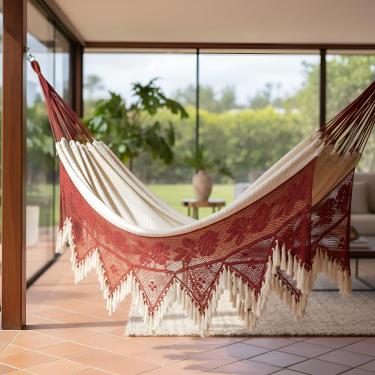 Imagem de Rede de Dormir Casal Artesanal, Algodão Natural, Bege Ostra com Macramê Terracota, 4,20m x 1,50m, Estilo Boho Chic, 250kg Capacidade