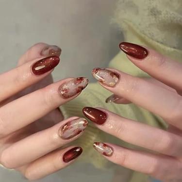 Imagem de Unhas postiças de olho de gato de amêndoa média com glitter simples Desien cobertura completa cola acrílica falsa em unha para mulheres, 24 peças
