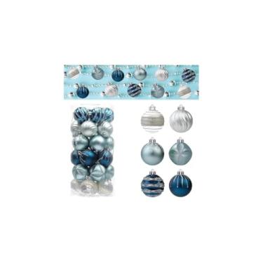 Imagem de Kit de Bolas Natalinas Decorativas, 24 Peças, Azul, Plástico, 6cm, Diferentes Texturas e Acabamentos para Árvore de Natal