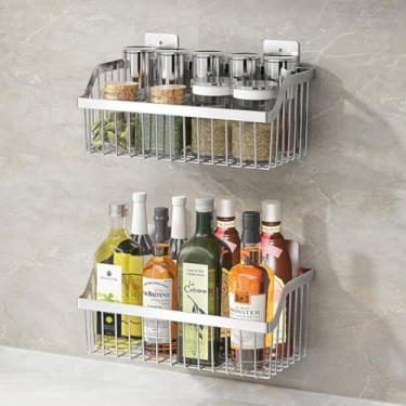 Imagem de SUS304 Cesta de arame de aço inoxidável, cesta de armazenamento de armário organizadora de parede, prateleiras montadas na parede para casa, cozinha, banheiro, pacote com 2