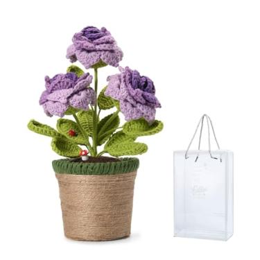 Imagem de TALIBSA Caixa de presente feita à mão para vaso de flores de rosa, flores de crochê, vasos de tricotado feito à mão, flores de crochê, flores folhadas de crochê, vasos de plantas, presentes para