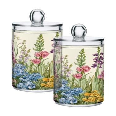 Imagem de ATTX Dispensador de suporte Qtip Wildflowers para bola de algodão, cotonete, frasco de boticário de plástico transparente, decoração de casa, pote de armazenamento de cozinha, pacote com 2 (425)