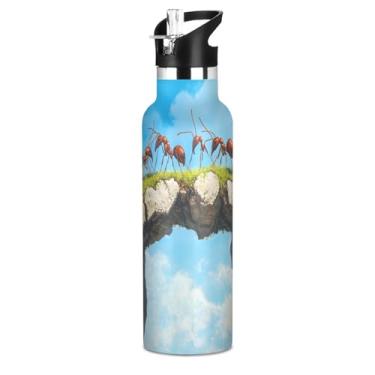 Imagem de Blueangle Garrafa de água de 590 ml com canudo - Garrafa de água esportiva de aço inoxidável sem BPA, formigas à prova de vazamento em uma ponte design para academia, atividades ao ar livre