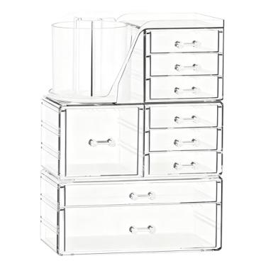Imagem de ShineMe Organizador de maquiagem transparente, organizador de maquiagem empilhável de 3 camadas com suporte de pincel giratório e 9 gavetas, organizador de maquiagem de bancada de acrílico para joias