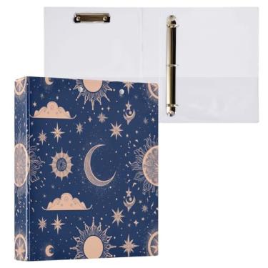 Imagem de Blueangle Fichário elegante com 3 anéis para sol e lua com prancheta e 2 bolsos - Organizador de documentos decorativos de 3 cm para escritório, suprimentos para reuniões (345)
