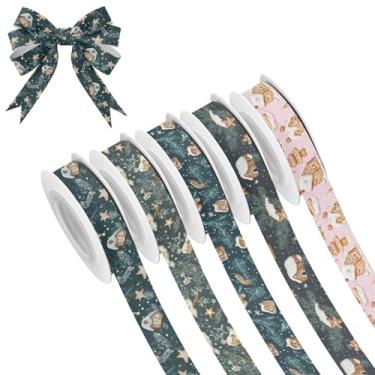 Imagem de SEHANY 5 rolos de fita de Natal 0,59 polegadas 5 jardas fitas de tecido de gengibre de Natal fitas de cetim festivas fitas decorativas de Natal para embrulho de presente faça você mesmo artesanato