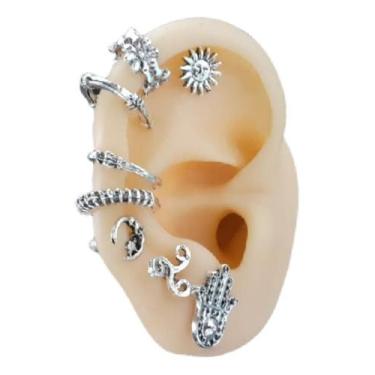 Imagem de Kit 8 Pc Brinco Piercing Argola Falso Fake Prata Vintage - Geral