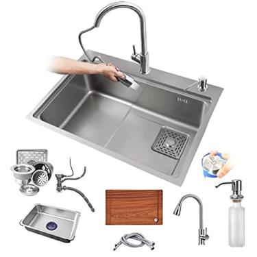Imagem de HGTRH Lava-louça vista cozinha, lava-louças de cozinha completa pia de aço inoxidável com escorredor com 1 orifício drenagem direita e tubo de desboteamento sobre bancada, baixo balcão ou emaranhado
