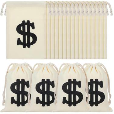 Imagem de MAQUITA 20 peças bolsa de dinheiro de lona com cordão 22 x 15 cm bolsa de transporte para dinheiro, adereço com símbolo de dólar para aniversário, Halloween, cosplay, material de festa (bege)
