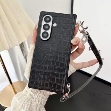 Imagem de Capa de luxo com padrão de pele de crocodilo para Samsung Galaxy Z Fold 7 6 5 4 3 Zfold7 Zfold6 com cordão (para Galaxy Z Fold5/Preto)