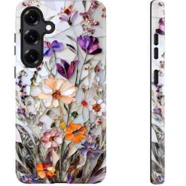 Imagem de DEENAKIN Capa fofa para Samsung Galaxy S24 Plus - compatível com carregamento sem fio - silicone macio de camada dupla + capa dura - design elegante de flores silvestres - capa de telefone chique para