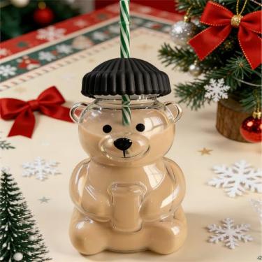 Imagem de Child interest Copo de palha de urso preto 2026, copo de vidro de urso fofo de 590 ml com canudo reutilizável - design de animal viral para vitaminas, boba e café gelado