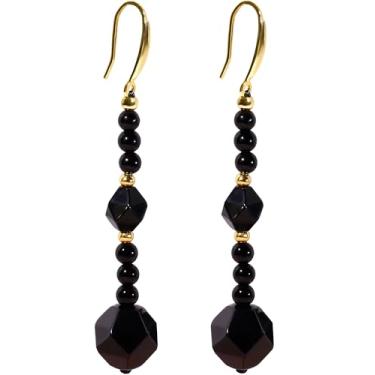 Imagem de Lightock Brincos banhados a ouro 925 prata esterlina espiritual contas de obsidiana facetadas de ágata preta para mulheres, joias modernas de proteção energética