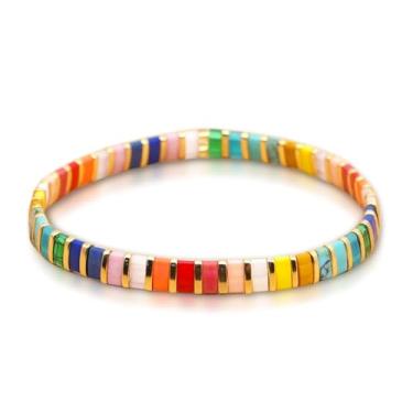Imagem de Sonateomber Tila Pulseiras elásticas com contas planas para mulheres, modernas e exclusivas contas quadradas coloridas feitas à mão, acessórios de amizade, joias modernas, presente, 7, Latão, Sem