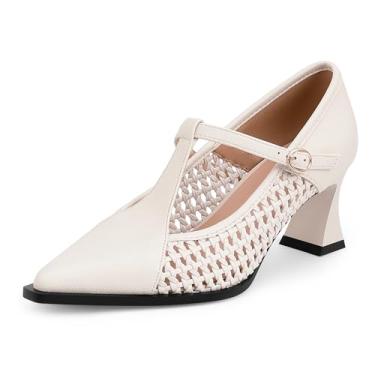 Imagem de yowmns Sapatos femininos Mary Jane de tecido com tira em T, bico fino, salto médio, vintage, escritório, casamento, vestido casual, Bege, 39