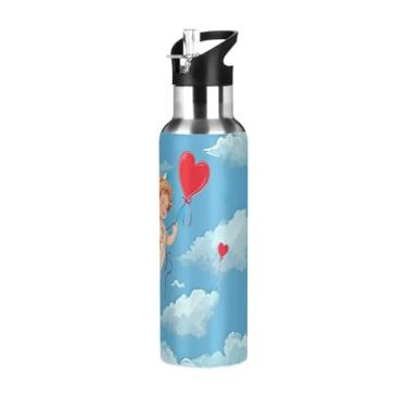 Imagem de Wassud Garrafa de água fofa Love Angel garrafa de água esportiva de aço inoxidável com canudo garrafas de água isoladas copo portátil de viagem 623 g