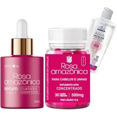Imagem de Kit Rosa Amazônica Completo – Sérum Facial 11 em 1 + Suplemento Capilar 500mg + Água Micelar – Cuidados com Pele, Cabelos e Unhas – Hidratação, Rejuvenescimento e Fortalecimento