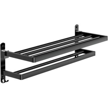 Imagem de Toalheiro com suporte de barra de toalha prateleira de toalha dobrável com ganchos armazenamento de toalha à prova de ferrugem suporte de parede para banheiro lavatório, 48 cm