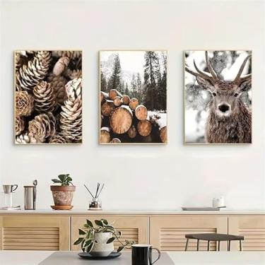 Imagem de 3 peças de pinhas troncos de cervo na floresta de inverno 20 x 30 cm presente de arte de parede para casa moderna, escritório, sala de estar, decoração de quarto, pôster em tela sem moldura, presente
