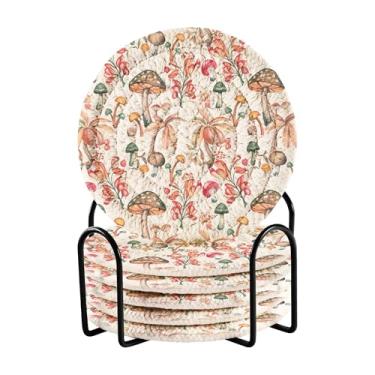 Imagem de SEHANY Conjunto de 6 porta-copos de cogumelos florestais com suporte, porta-copos redondos absorventes de algodão resistente ao calor para mesa de jantar, canecas de café, 10 cm