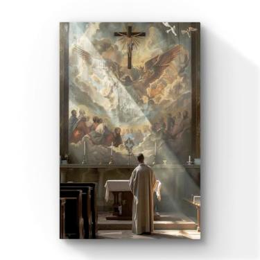 Imagem de Arte Sacra em Canvas, Pintura Religiosa Católica com Crucifixo e Anjos, Decoração para Igreja,60x40