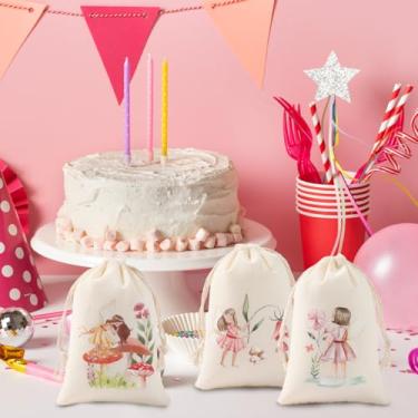 Imagem de 6 peças de sacos de cordão de fada de flores sacos de presente de algodão com cordão - Saco de presente de guloseimas de doces para festa temática de fada de flores, suprimentos de lembrancinha de
