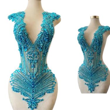 Imagem de Aplique de corpete de contas feitas à mão com design grande em malha costurada em strass lantejoulas remendos radiantes para festa de casamento, vestido de noite, acessórios faça você mesmo, 78 x 30