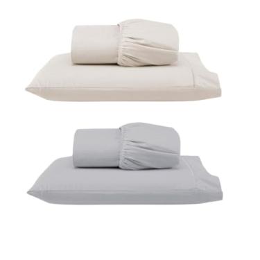 Imagem de Kit 2 Jogos de Lençol Solteiro com Elástico e Fronha Bordada em Ponto Palito, 4 Peças em Micropercal 300 Fios 100% Poliéster (2 Jogos Solteiro Versat (Palha e Cinza))