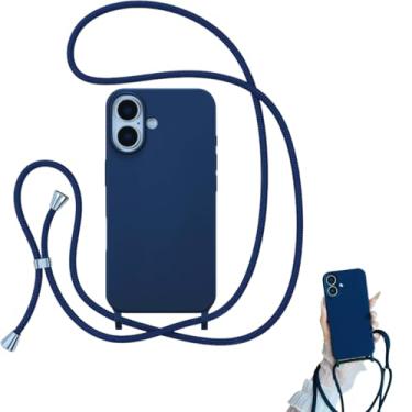 Imagem de Capinha de Silicone com Cordão Alça Compátivel com iPhone 16 (Azul Escuro)