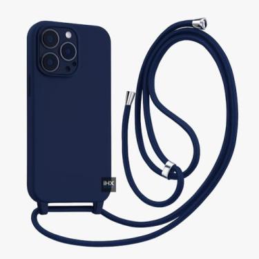 Imagem de Capa Case Capinha Para iPhone 14 Pro Max Silicone Com Cordão Alça De Pescoço Ajustável Veludo Premium (AZUL MARINHO)