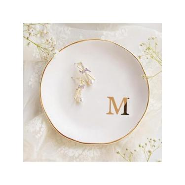 Imagem de Bandeja de joias de cerâmica com letras de 12 cm, prato decorativo para anéis, brincos, colares, pulseiras, chaves de relógio, aniversário, dia das mães, casamento, presente de Natal para mulheres