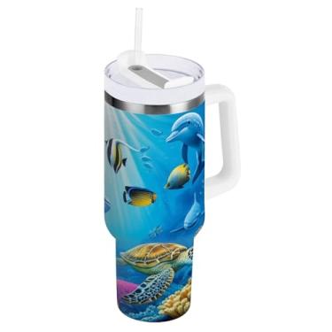 Imagem de ODAWA Copo isolado de parede dupla de 850 g, copo de isolamento duplo para animais marinhos subaquáticos com canudo e alça para viagem