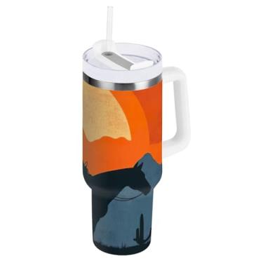 Imagem de Copo grande isolado de outono com tampa e canudo, copo com isolamento de parede dupla caubói pôr do sol laranja