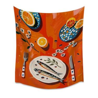 Imagem de Tapeçaria de parede de cozinha de mesa brilhante laranja sardinhas limões decoração de jantar costeira eclética ilustração de comida arrojada pôster de tecido moderno para cozinha estilo galeria