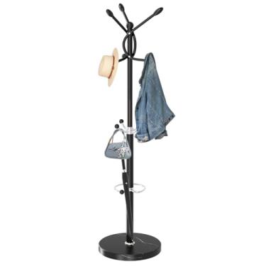 Imagem de ZOZOE Suporte de metal, cabideiro moderno independente com base de mármore natural, cabide resistente com 10 ganchos e suporte de guarda-chuva, suporte de cabide de árvore preto para bolsas, chapéus