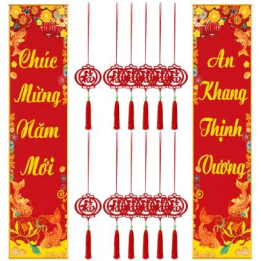 Imagem de HunnmingRe 14 conjuntos de decoração vietnamita TET 2 peças de casais decorativos de ano novo lunar vietnamita com 12 enfeites vermelhos de ano novo para pendurar casais vermelhos Do Trang Tri TET